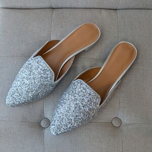 J. CREW Marina Silver Glitter Sequin Mules Closed Toe Slide Flats Shoes Size 10